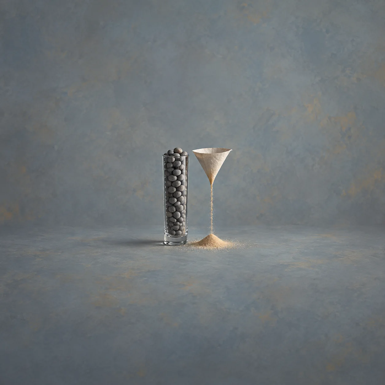A tall glass cylinder filled with dark pebbles beside a pale funnel pouring fine sand.