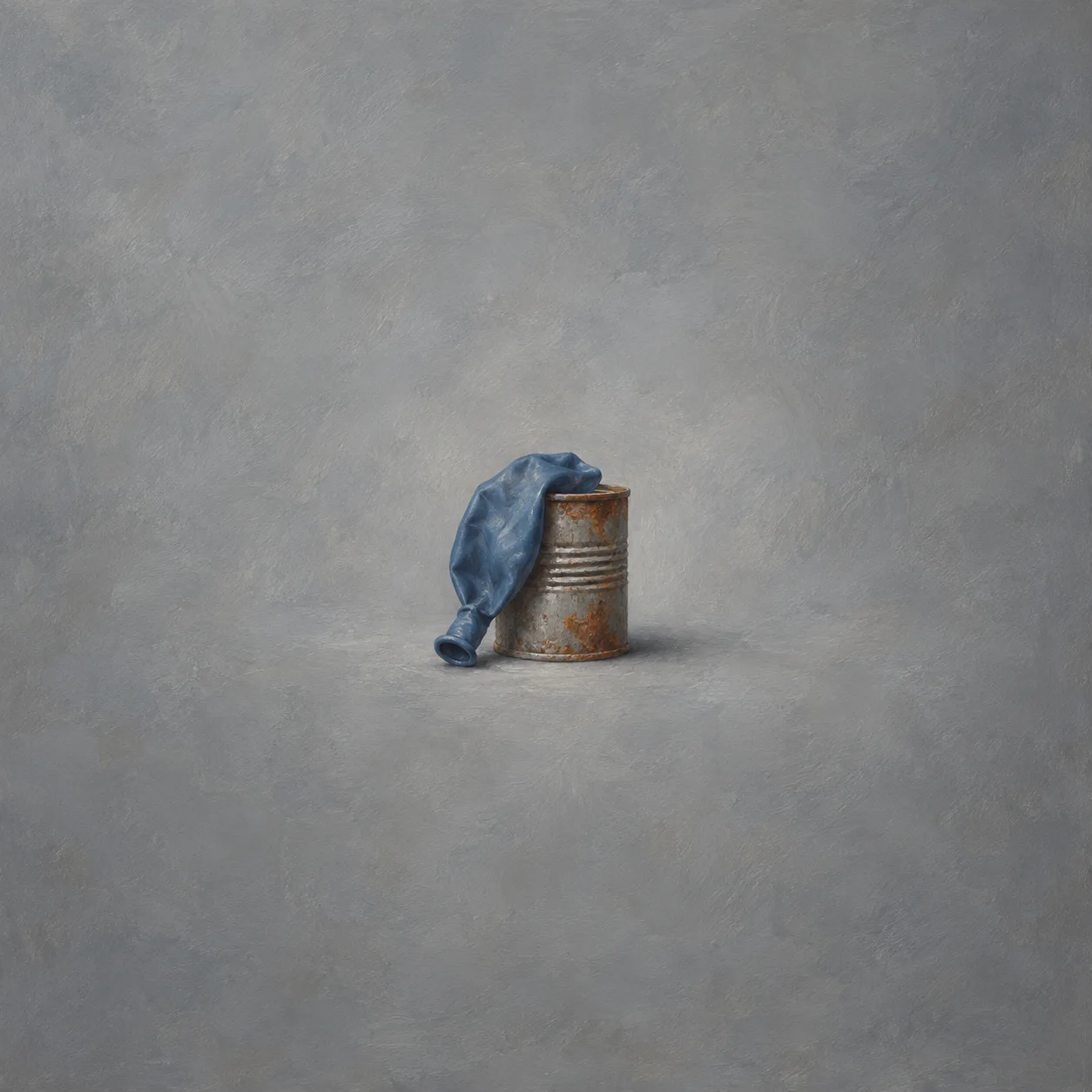 A deflated blue balloon drapes over a rusty tin can on a grey surface.