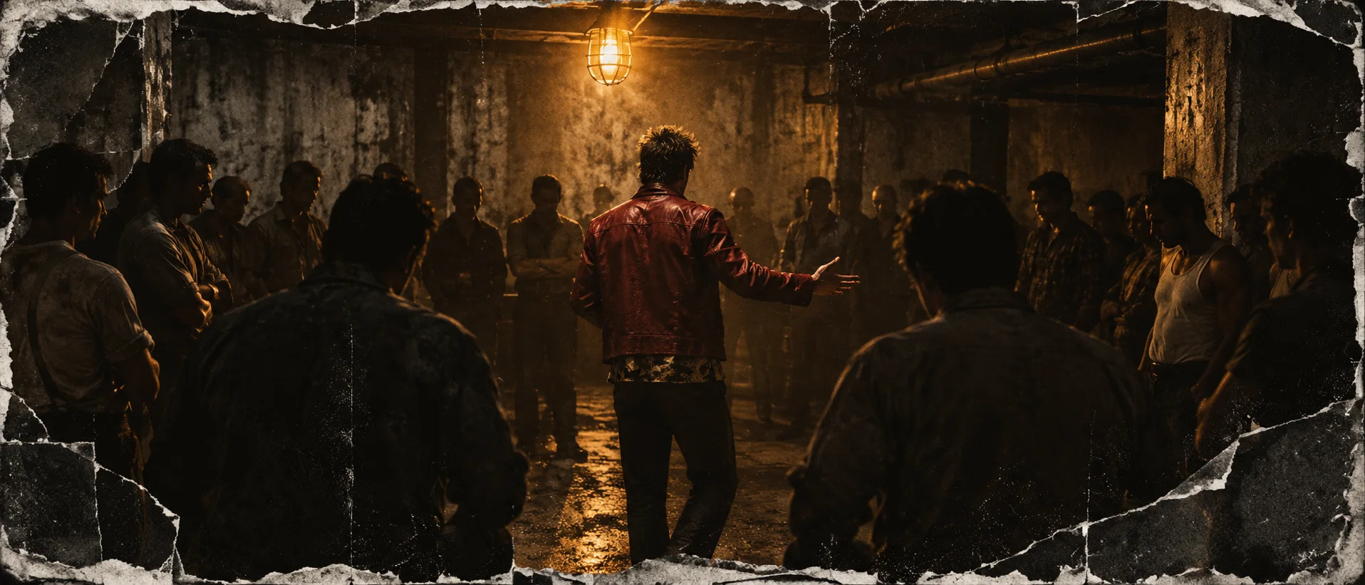 In a bare, sweating bar basement under one caged bulb, a man in a red leather jacket, seen from behind, paces in the centre of a silent ring of men in work clothes, one arm thrown out as he speaks.