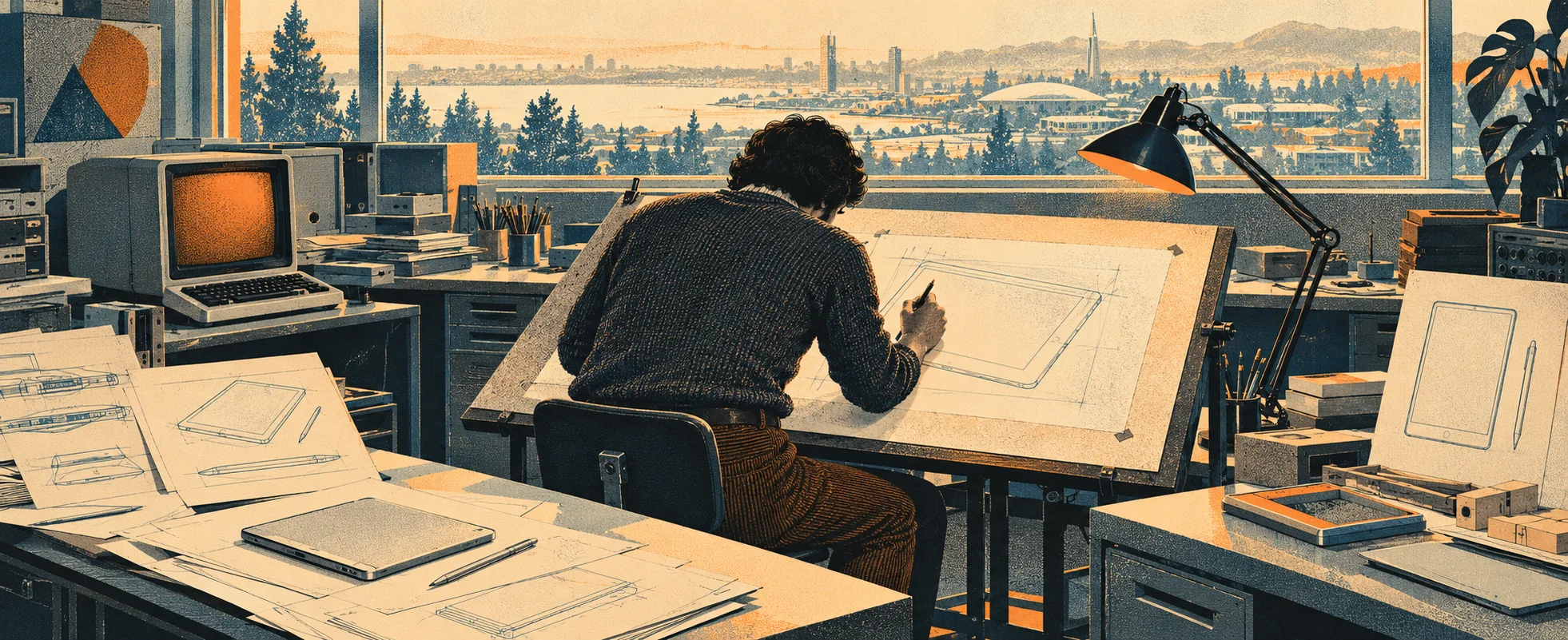 A researcher sketches a flat tablet computer at a drafting table in a sunny 1970s lab of early terminals and paper prototypes.