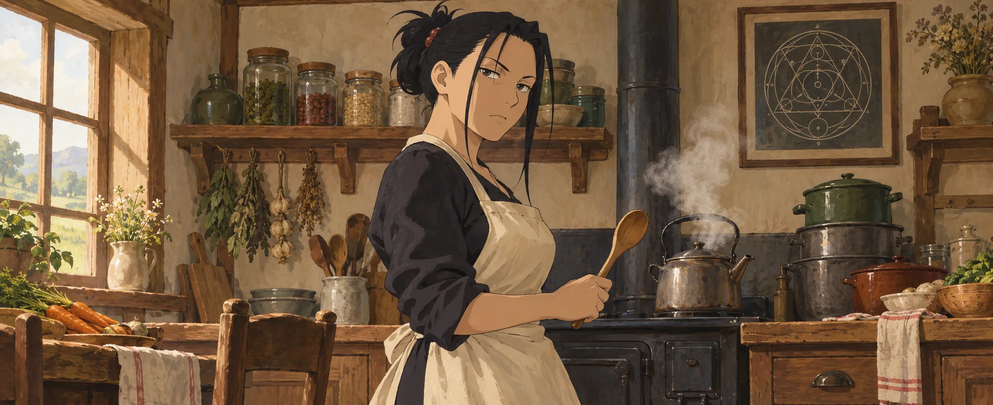 A dark-haired woman in an apron stands in a warm farmhouse kitchen, a wooden spoon in hand.