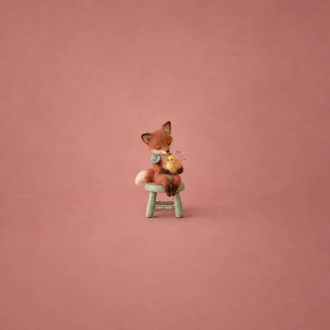 A russet felt fox with a paper rosette holding a yellow chick pincushion on a mint stool against a dusty rose background.