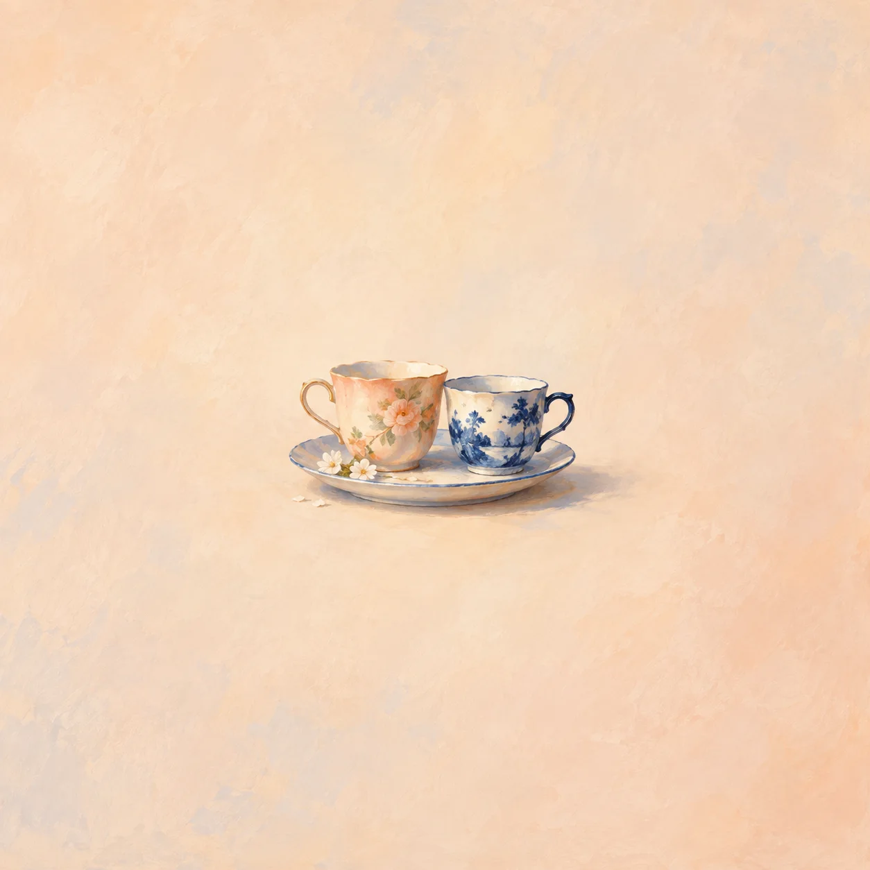Two mismatched floral porcelain cups sharing a shallow saucer