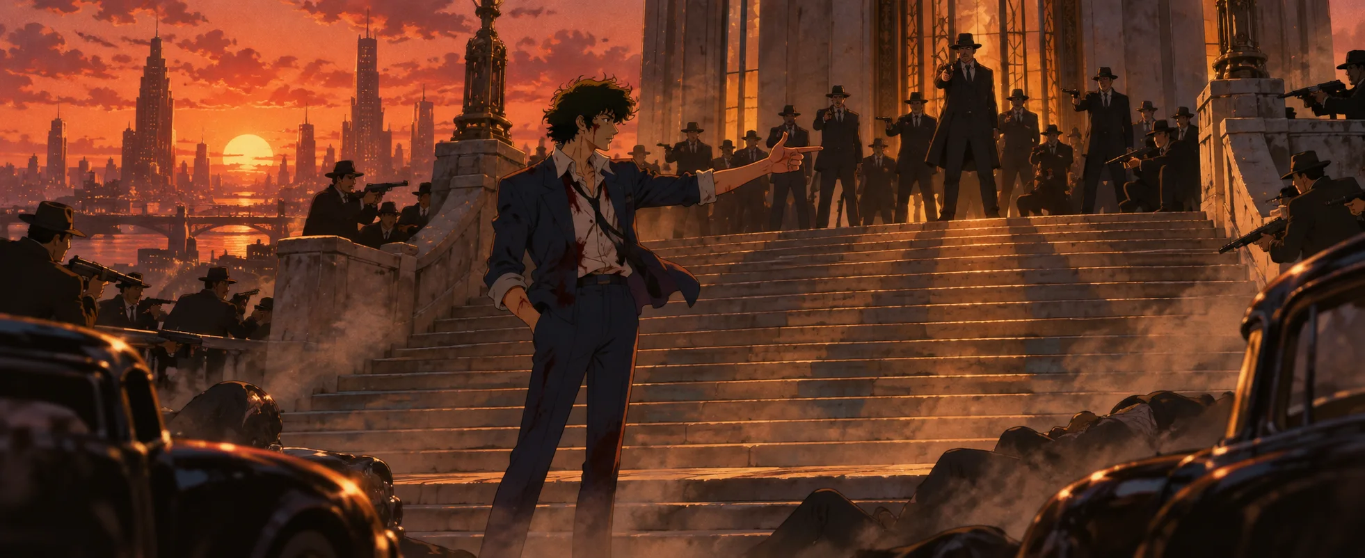 Anime illustration: a dishevelled, blood-spattered young man in a loose suit points casually from the foot of a grand stone staircase at sunset, surrounded by smoke, wrecked cars and dozens of hatted gunmen aiming from above.