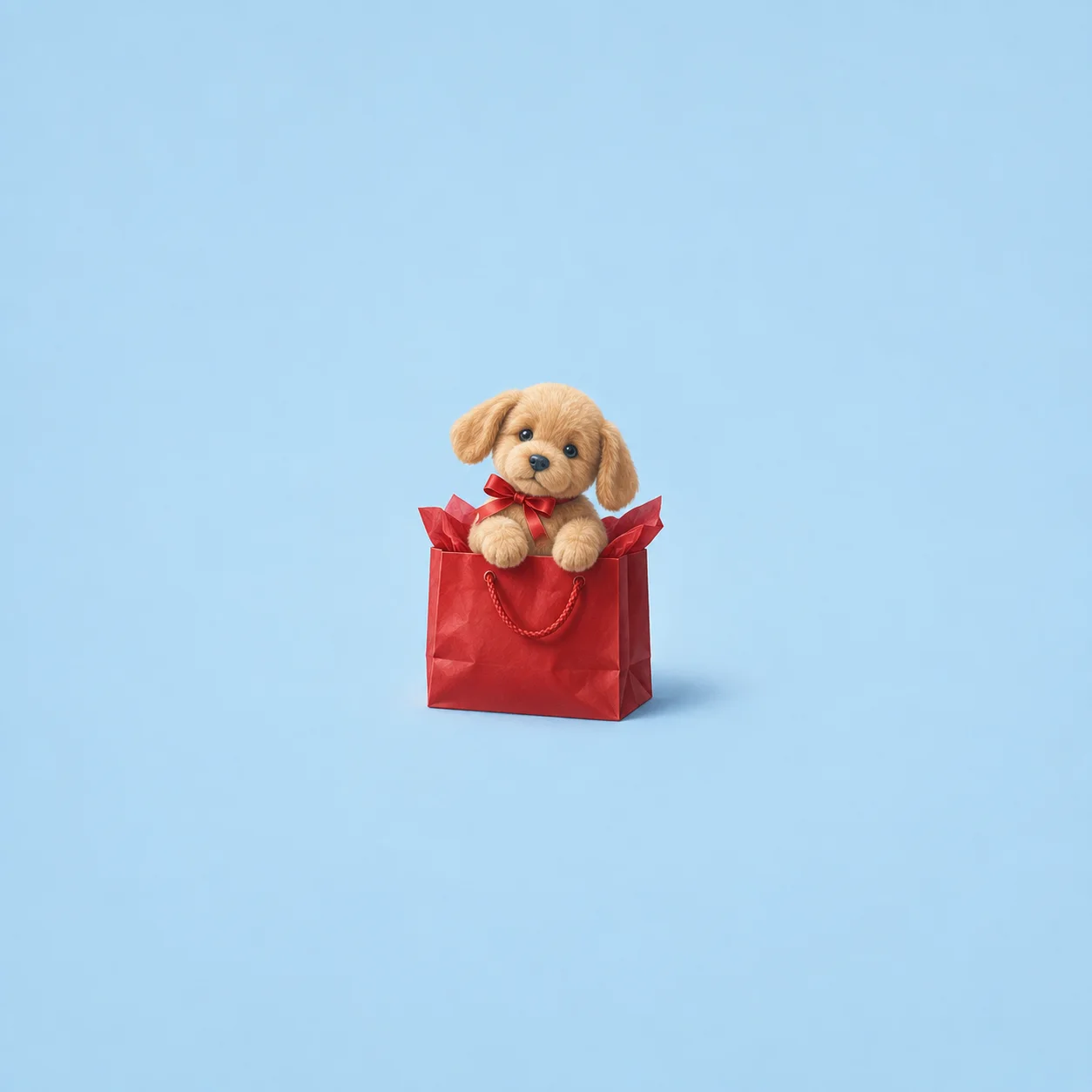 A tan plush puppy with a red ribbon peeking from a red gift bag against a soft blue background.