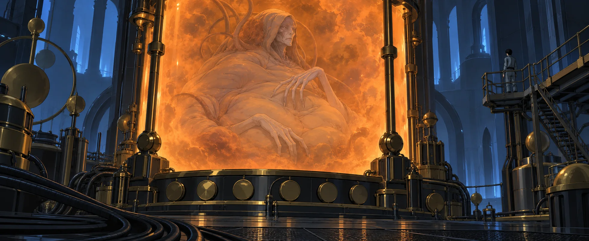 A ghostly mutated figure floats in a tank of glowing orange gas inside a vast dark chamber of metal and machinery.