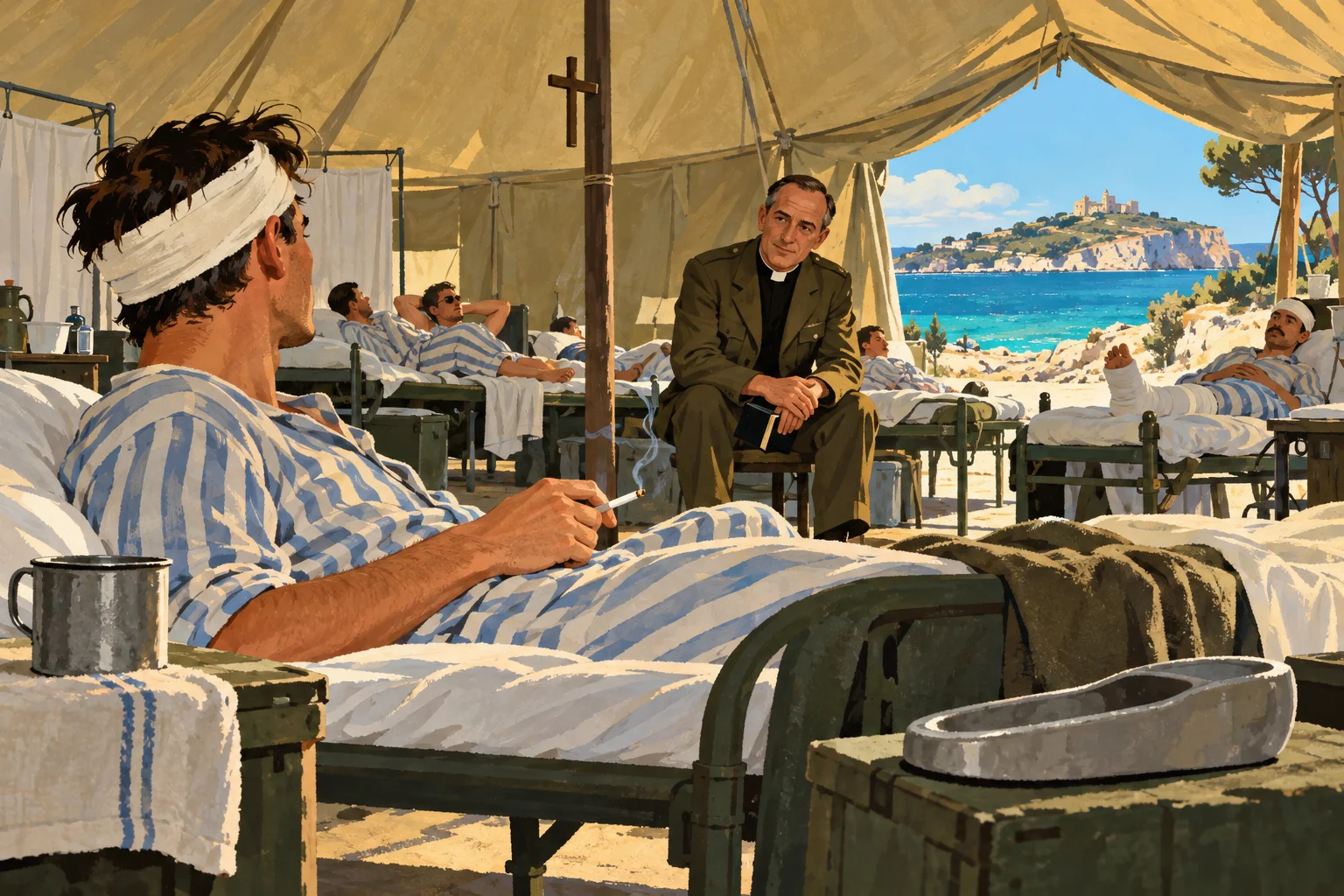 A bandaged soldier in striped pyjamas lies in a hospital tent on a Mediterranean island, gazing at a chaplain seated by his cot.
