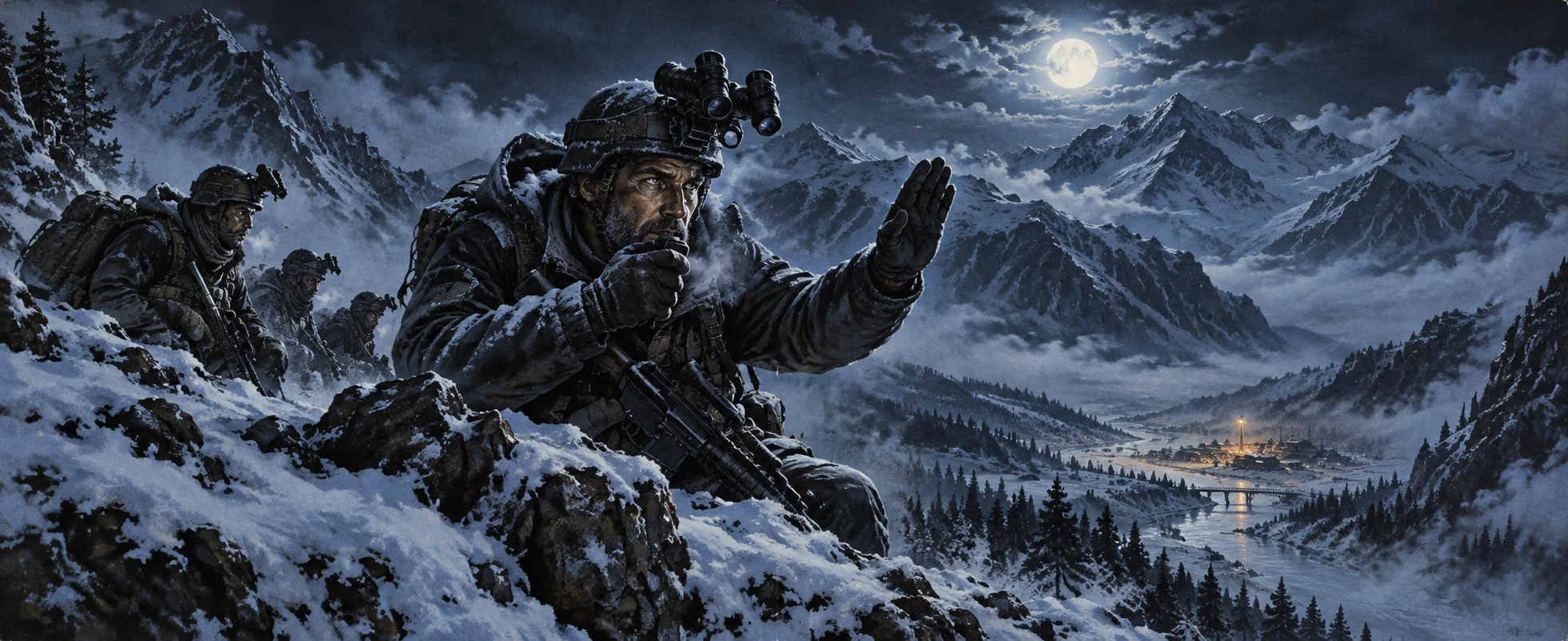 A soldier in night-vision goggles signals his squad forward across a snowy mountainside at night.