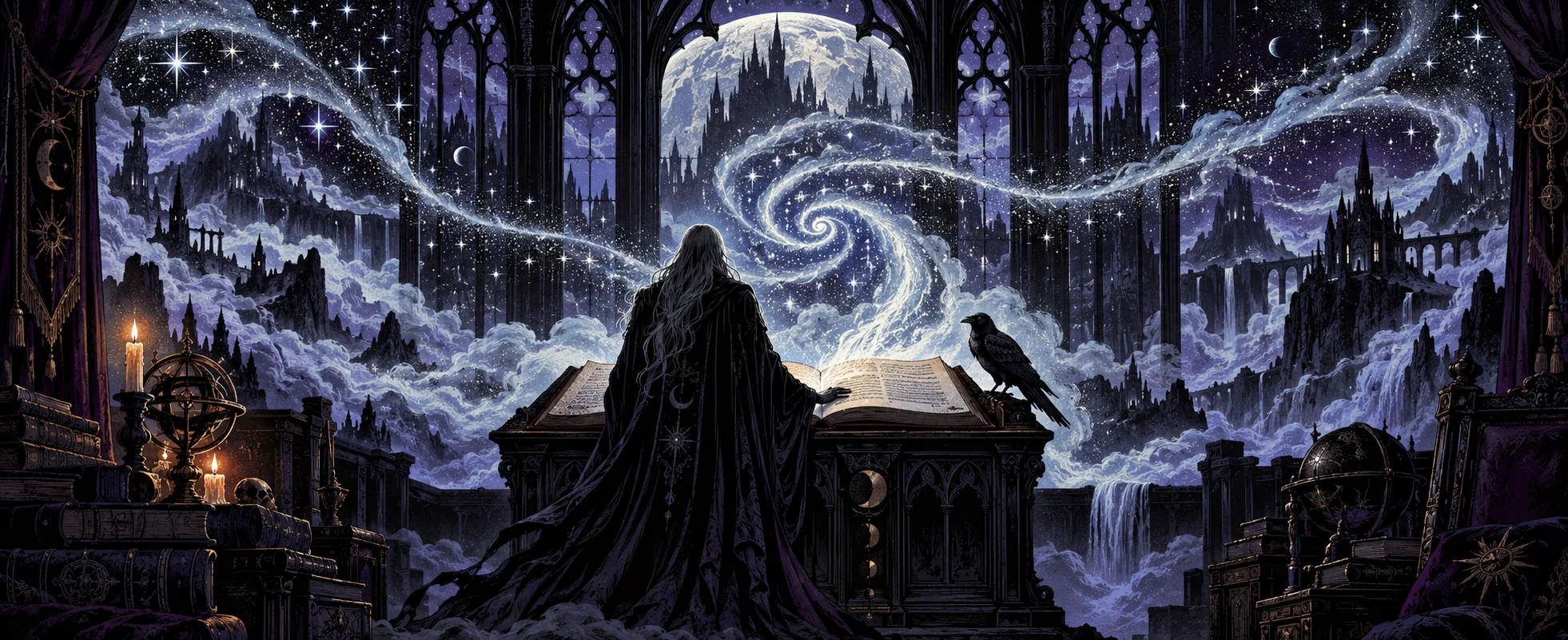 A cloaked figure at a lectern watches an open book pour a spiral of stars and mist into a dreamlike gothic sky.