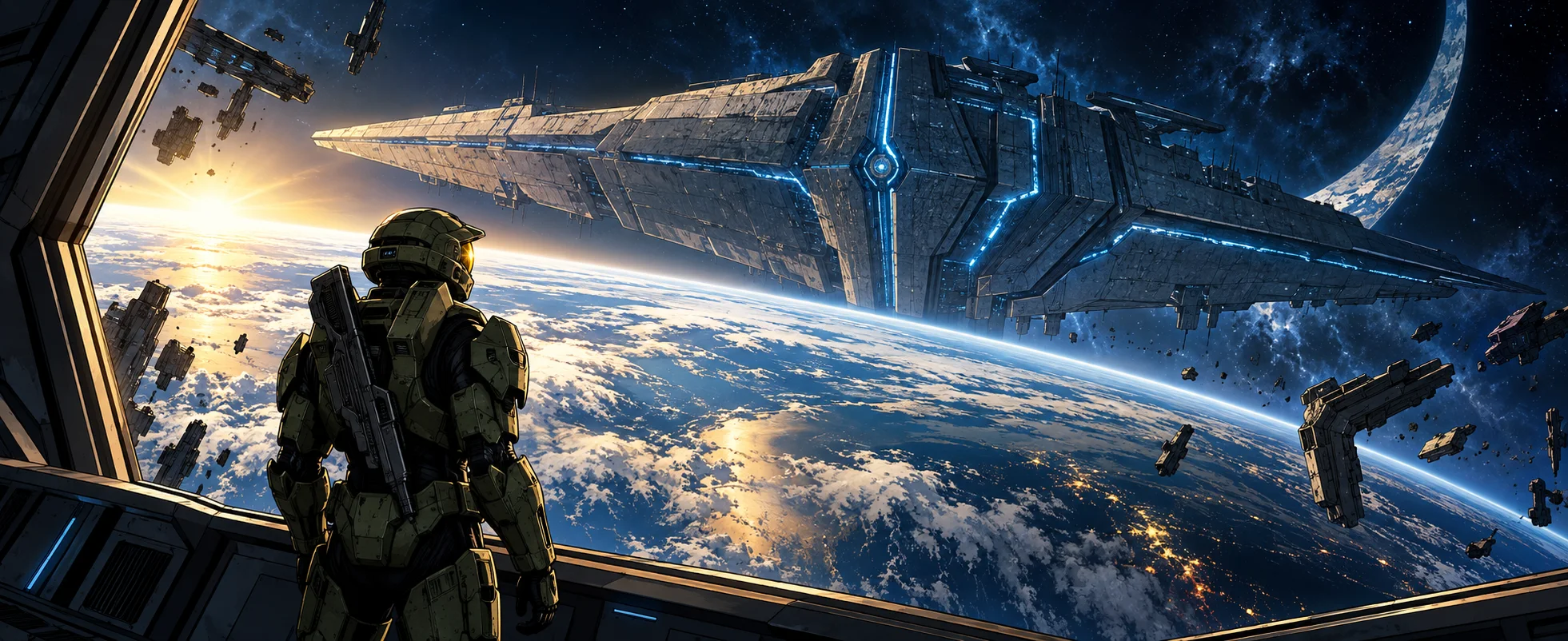 An armoured super-soldier stands at a viewport as a glowing alien dreadnought drifts toward Earth in orbit.