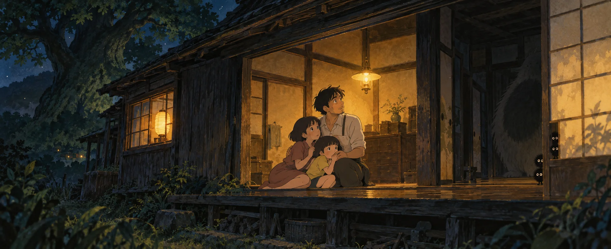 A father sits laughing with his two young daughters on the lamplit veranda of a creaky old country house at night, a great camphor tree above.