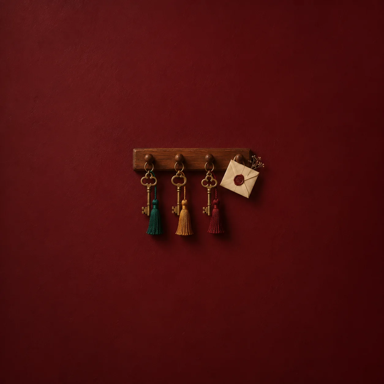 Three brass keys with coloured tassels and a sealed envelope hang from a wooden peg rail against burgundy.