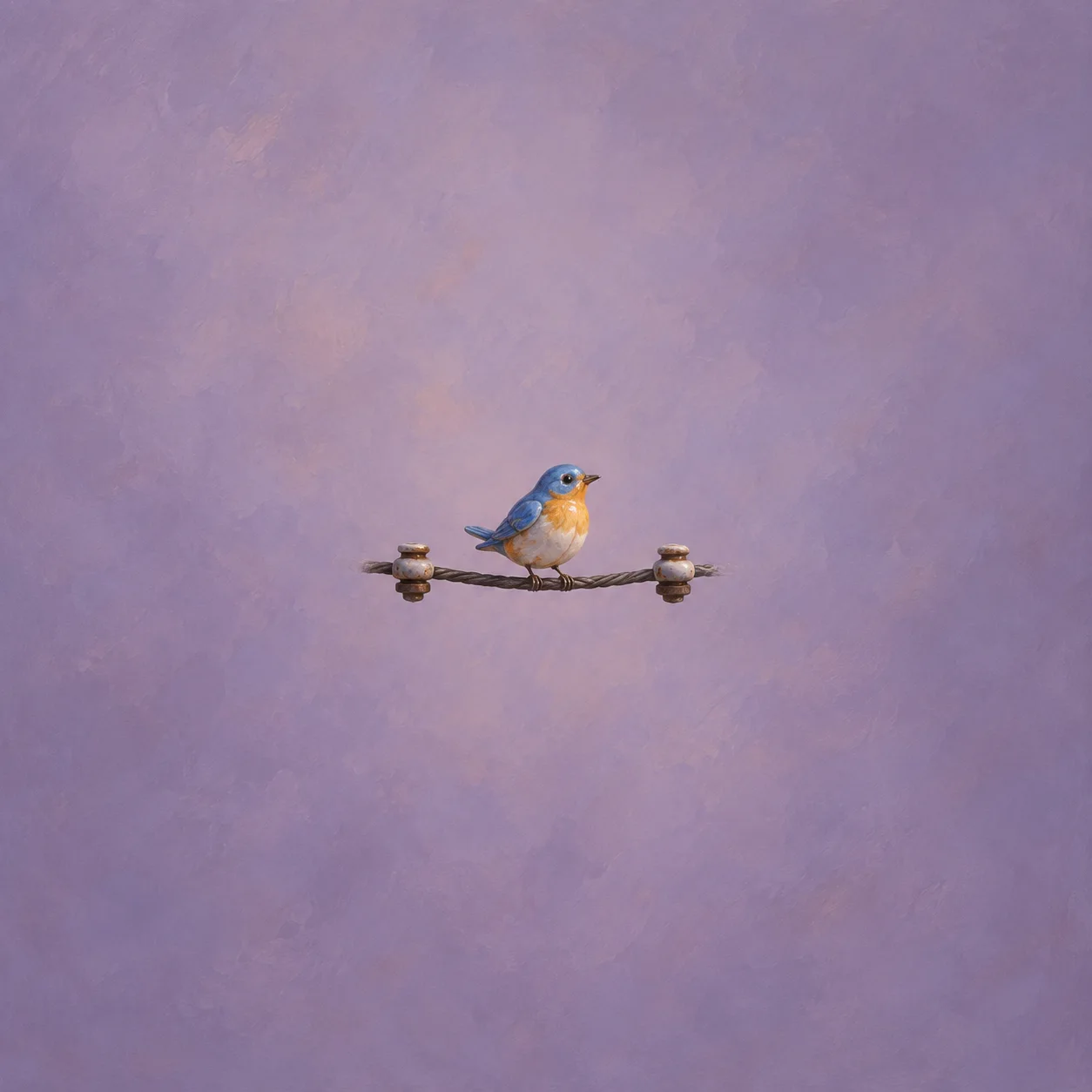 A glossy blue-and-orange bird figurine perches on twisted wire stretched between two ceramic insulators.