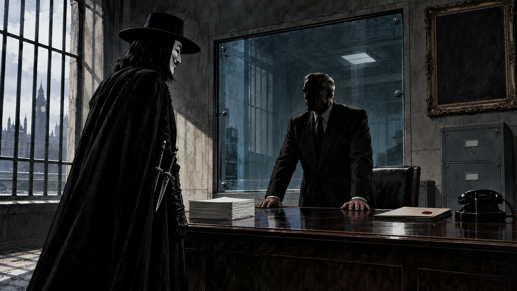 A masked figure in a black cloak faces a suited official across a desk in a grey government office.