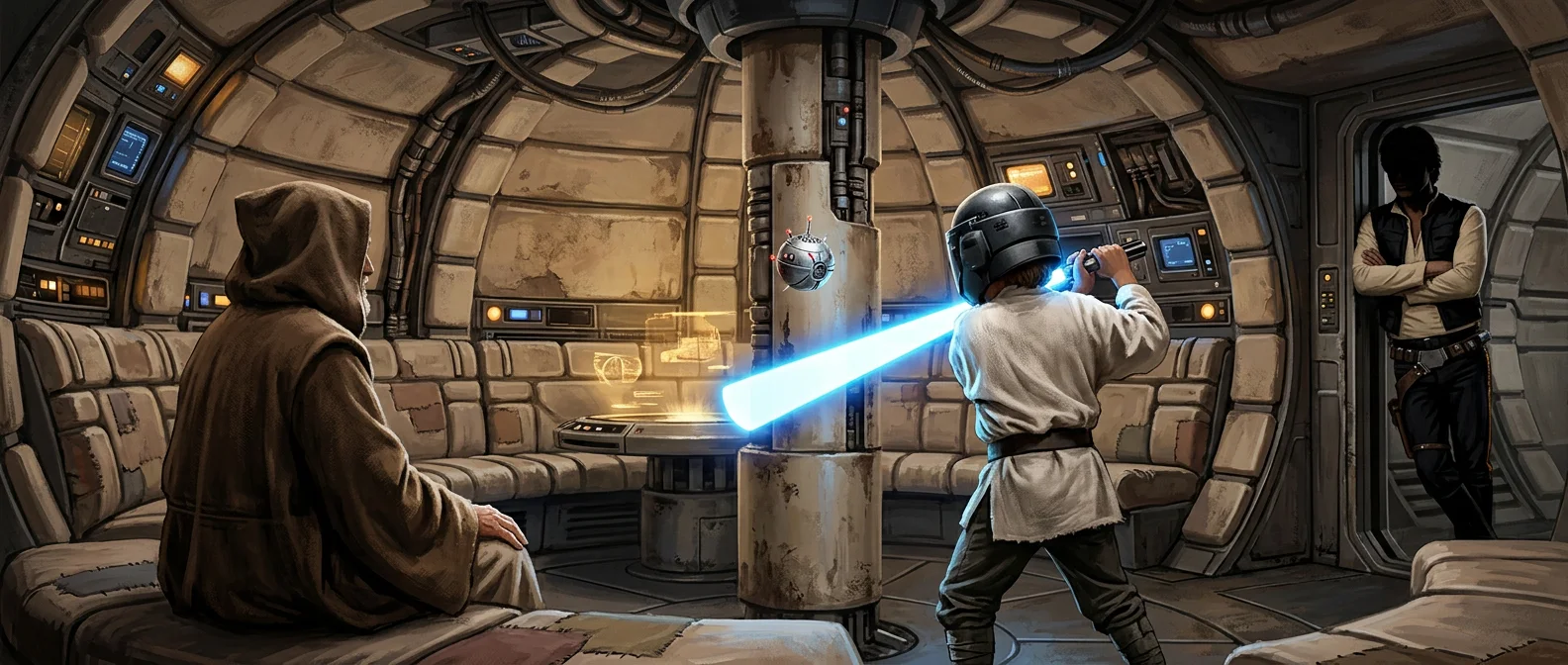 A boy in a blast-shield helmet swings a blue energy sword at a floating training ball in a freighter lounge as a hooded old man and a smuggler in shadow watch.