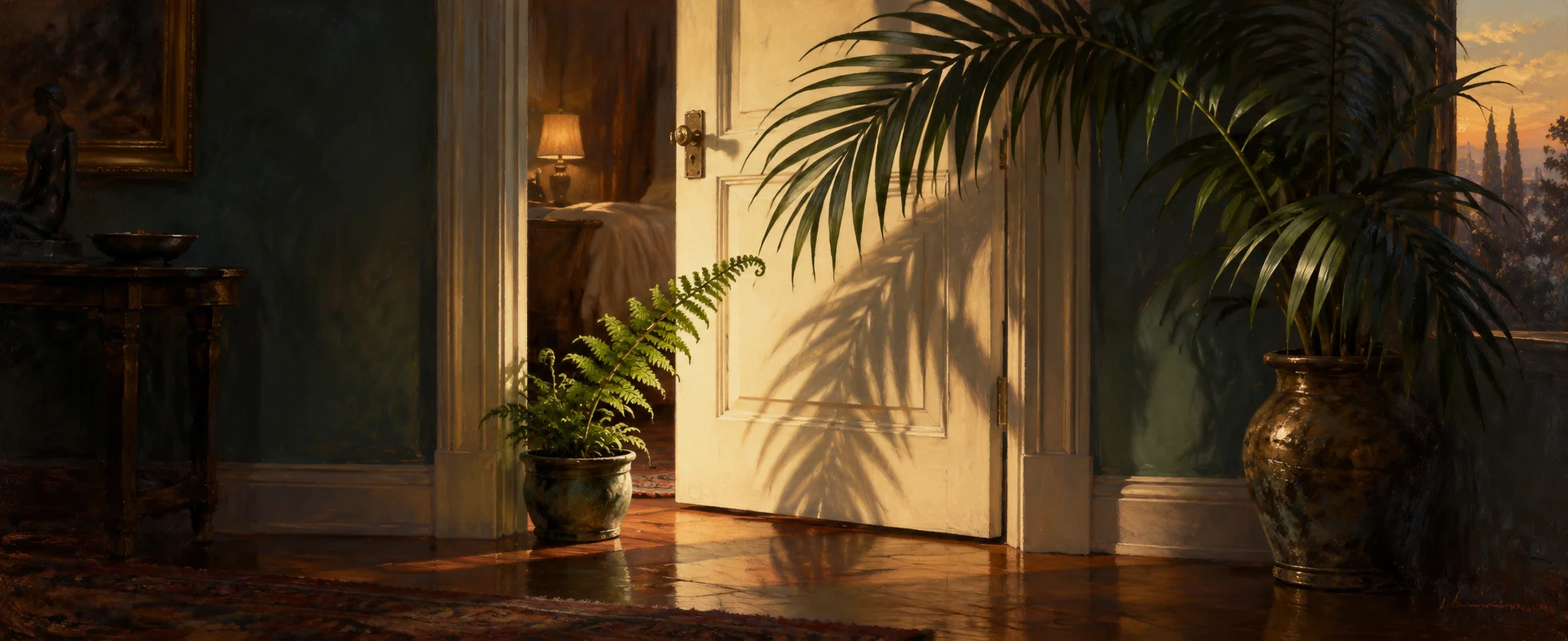 A young green fern leans toward the shadow of a larger palm leaf across an ivory doorway.