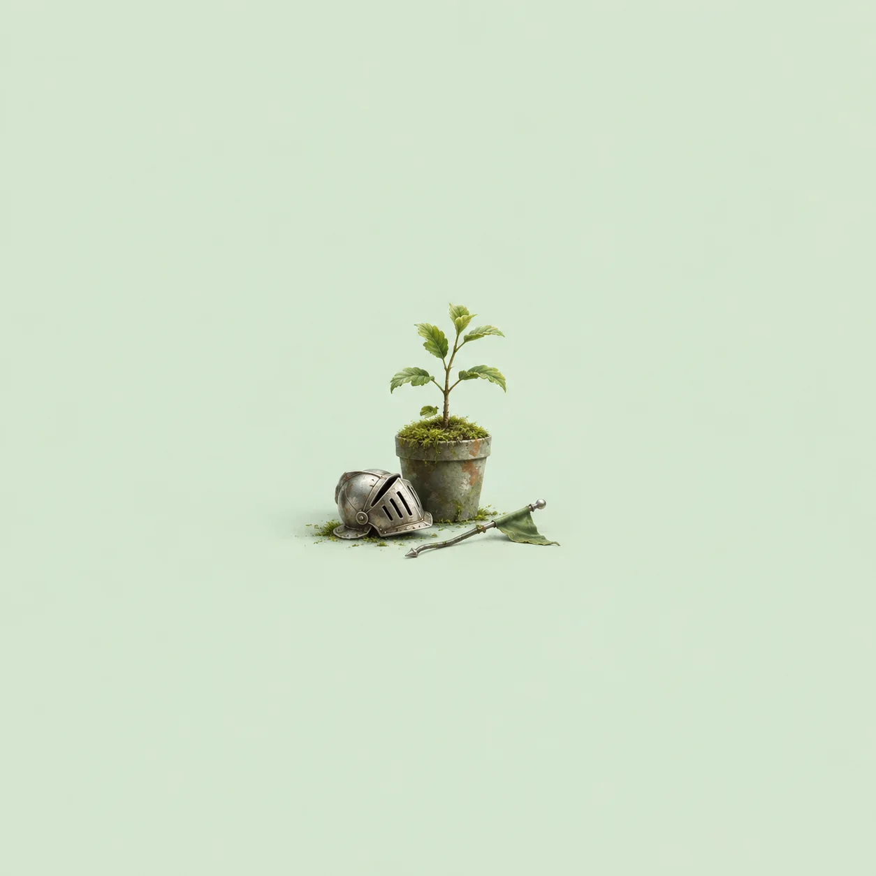 A small metal knight helmet tipped on its side beside a potted sapling and a toy lance against a pale green background.