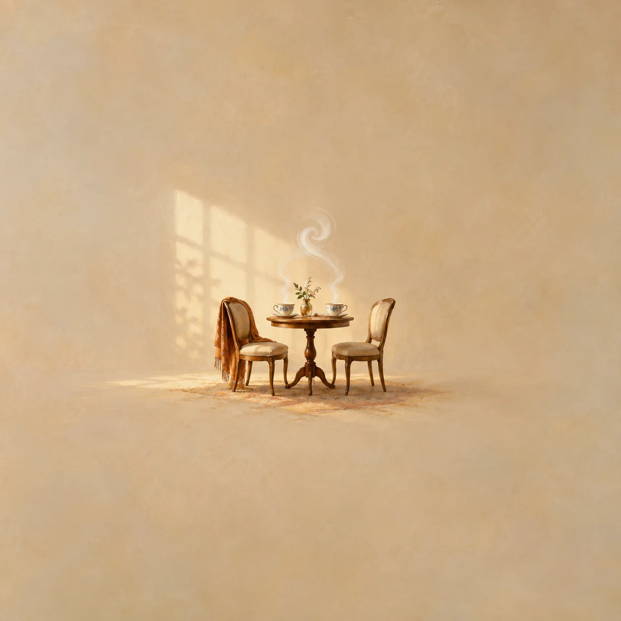 Painterly two teacups steaming on a round table between two chairs in warm light.