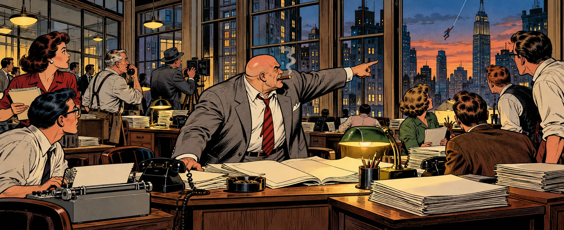 A bald newspaper editor in a loud tie points across a busy 1960s newsroom as reporters look on.