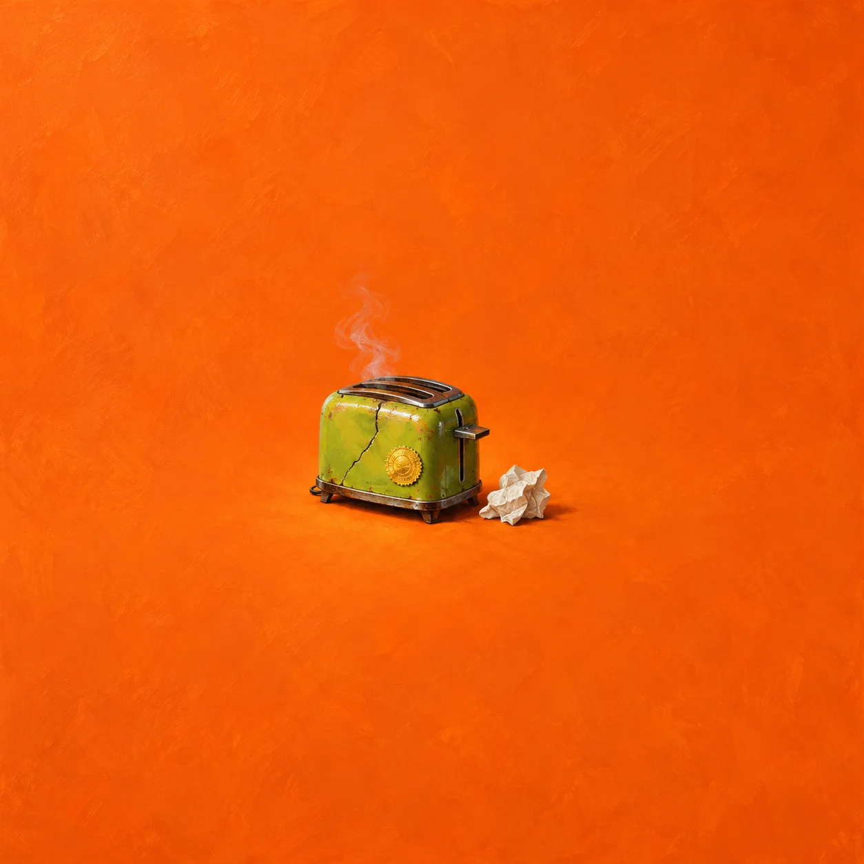 A cracked green toaster emitting a wisp of smoke beside crumpled white paper on a bright orange background.