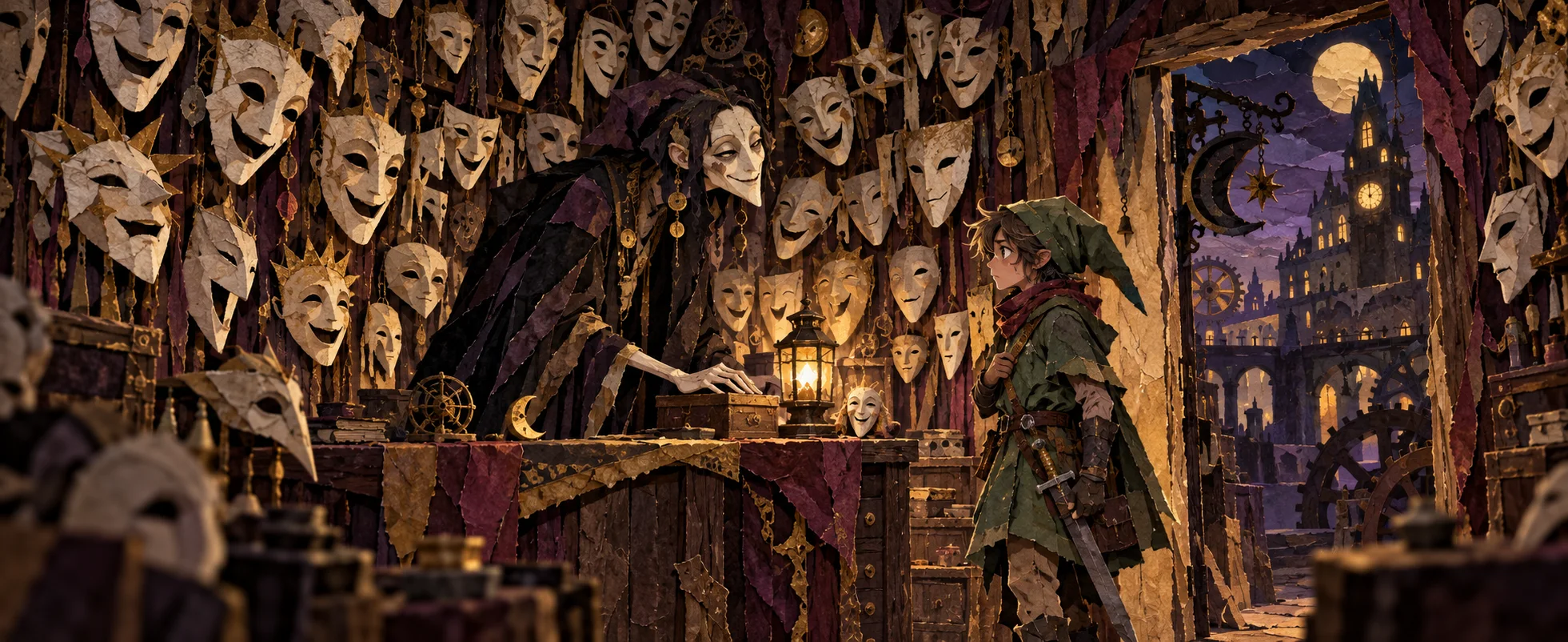 A grinning mask salesman behind a counter covered in masks leans toward a boy in green.