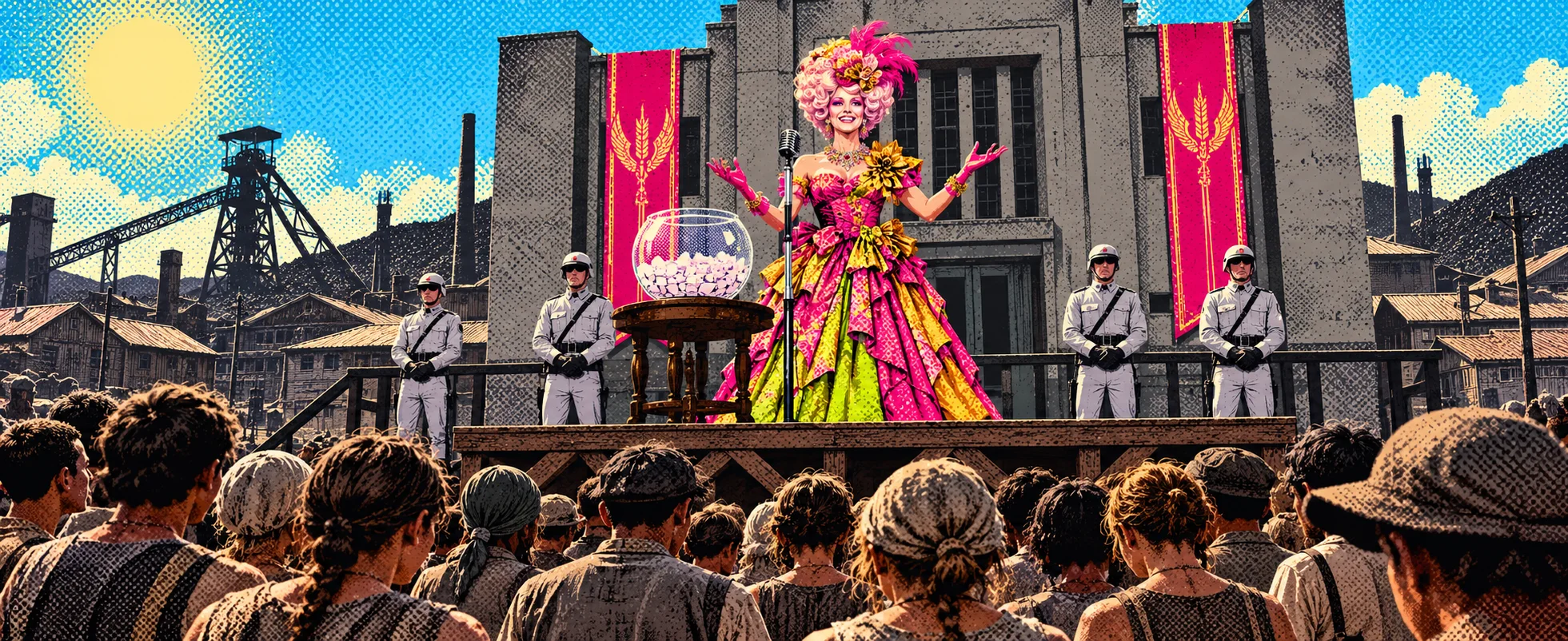 A woman in an outrageous pink-and-green gown and wig presides over a reaping stage before a crowd of mining-town children and white-armoured guards.