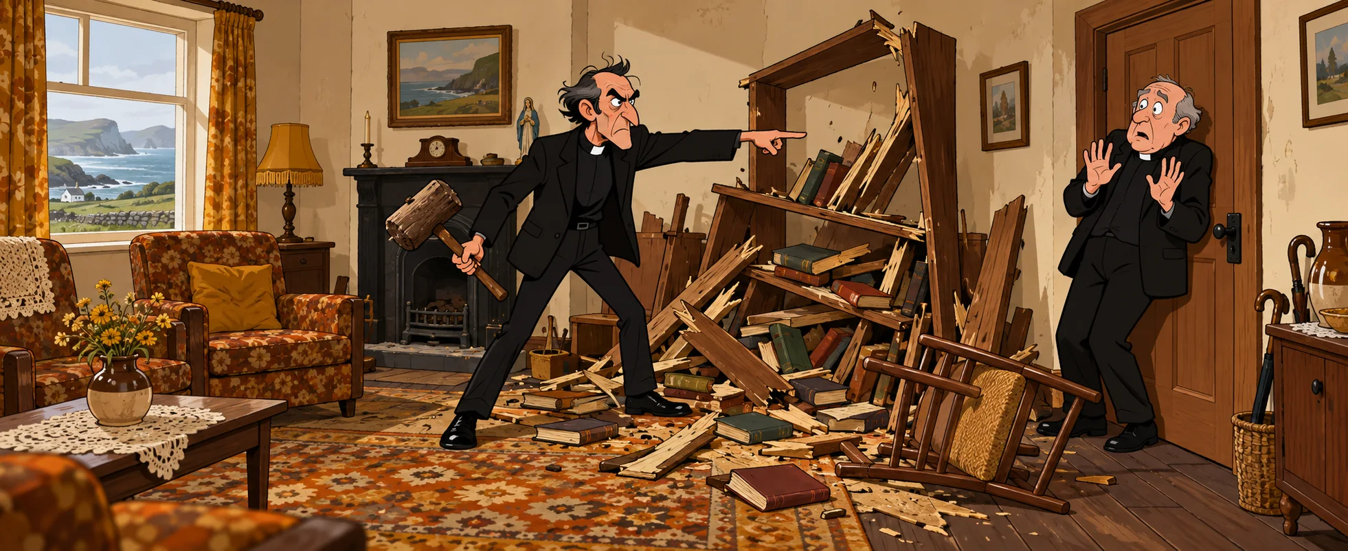 A furious priest with a mallet points at a smashed bookshelf and broken chair in the parochial sitting room while Father Ted cowers by the door with his hands up.