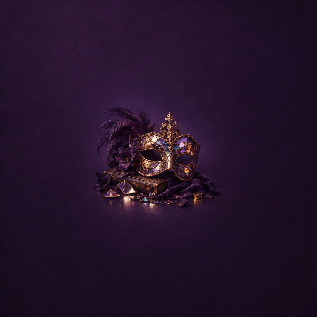 Painterly ornate purple and gold mask with mirror-like facets and dark feathers against violet.
