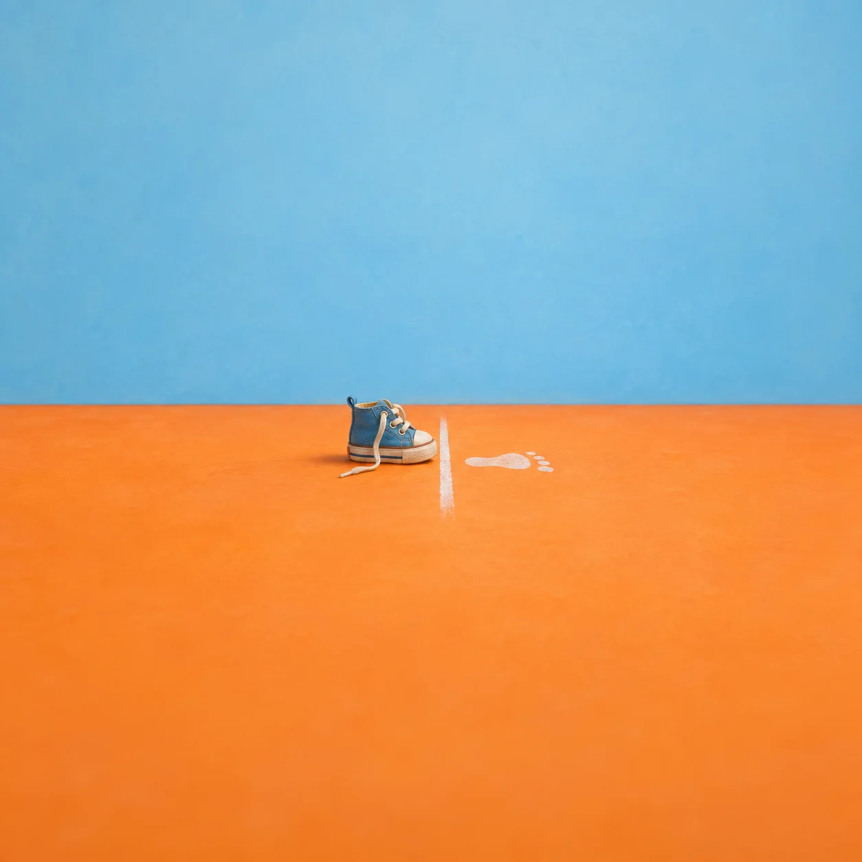 A small sneaker with loose laces at a white chalk line on a tangerine floor, with a footprint just past the line.