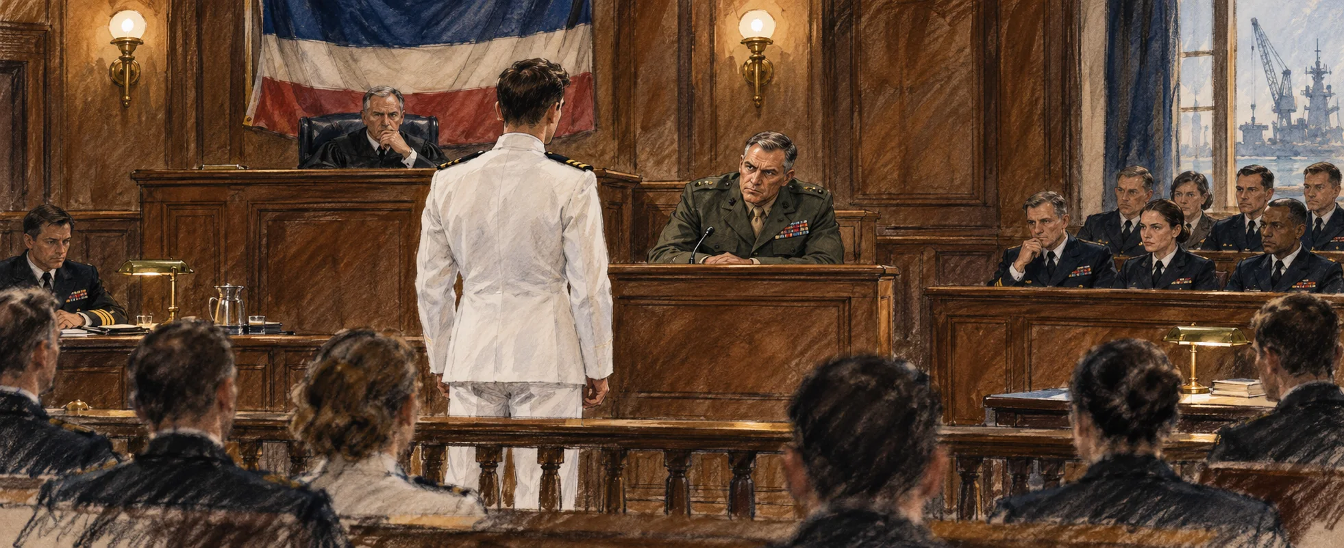 A Marine colonel sits in a courtroom witness box facing a young Navy lawyer in dress whites, officers watching from the jury box.