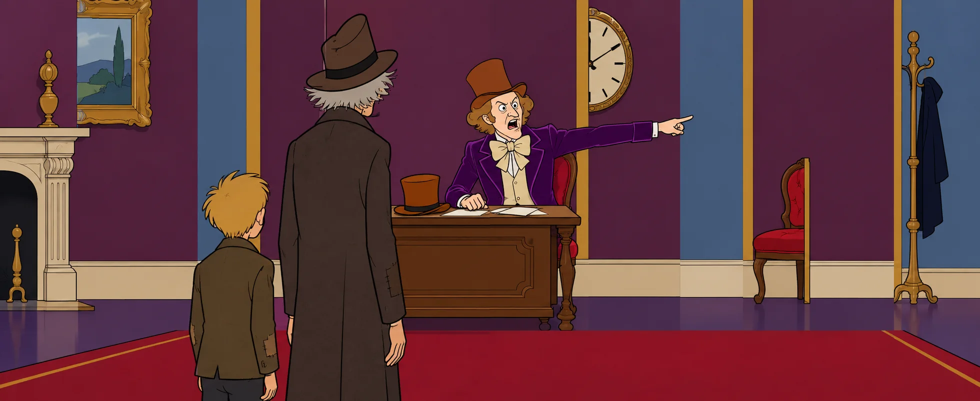 A cartoon Willy Wonka in a purple velvet coat shouts from behind half a desk in his office where everything is cut in half, pointing at the door, as Grandpa Joe and Charlie stand before him.