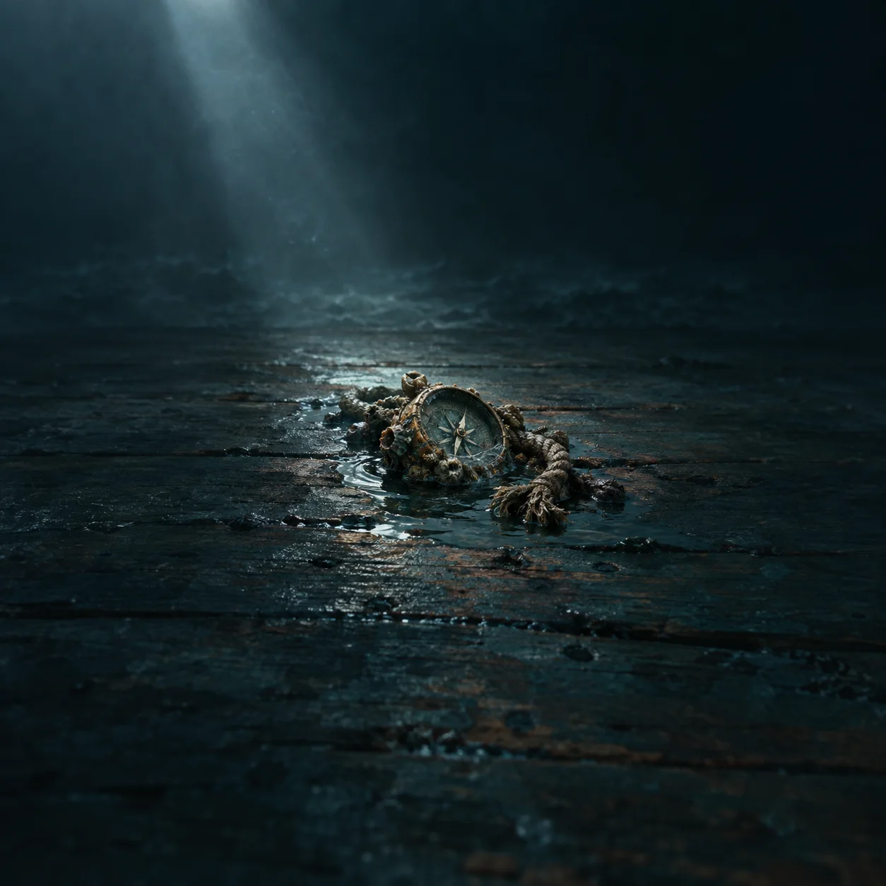 Painterly tarnished compass and frayed rope lying in water on dark wooden planks.