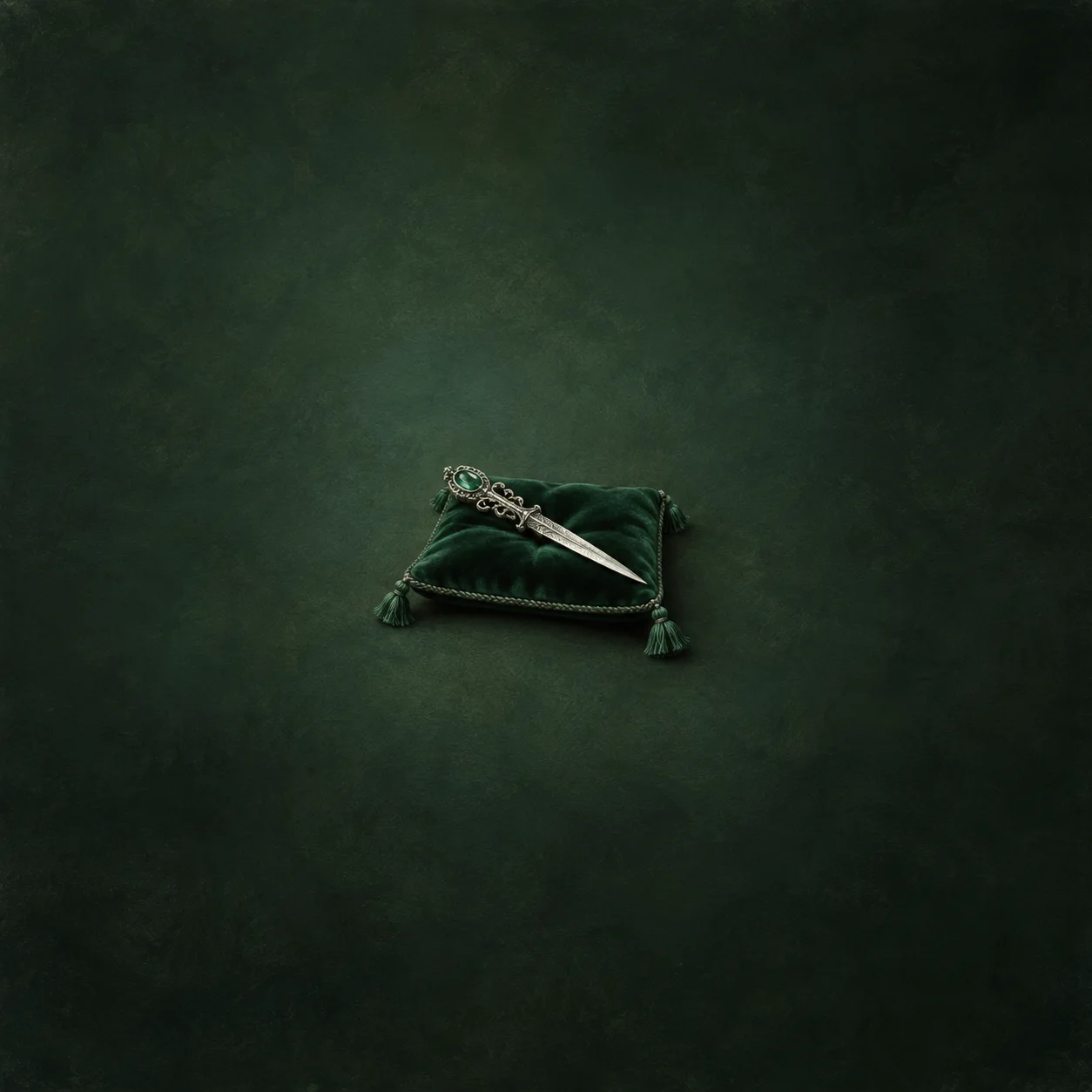 An ornate silver dagger-shaped letter opener rests diagonally on a dark green velvet cushion.