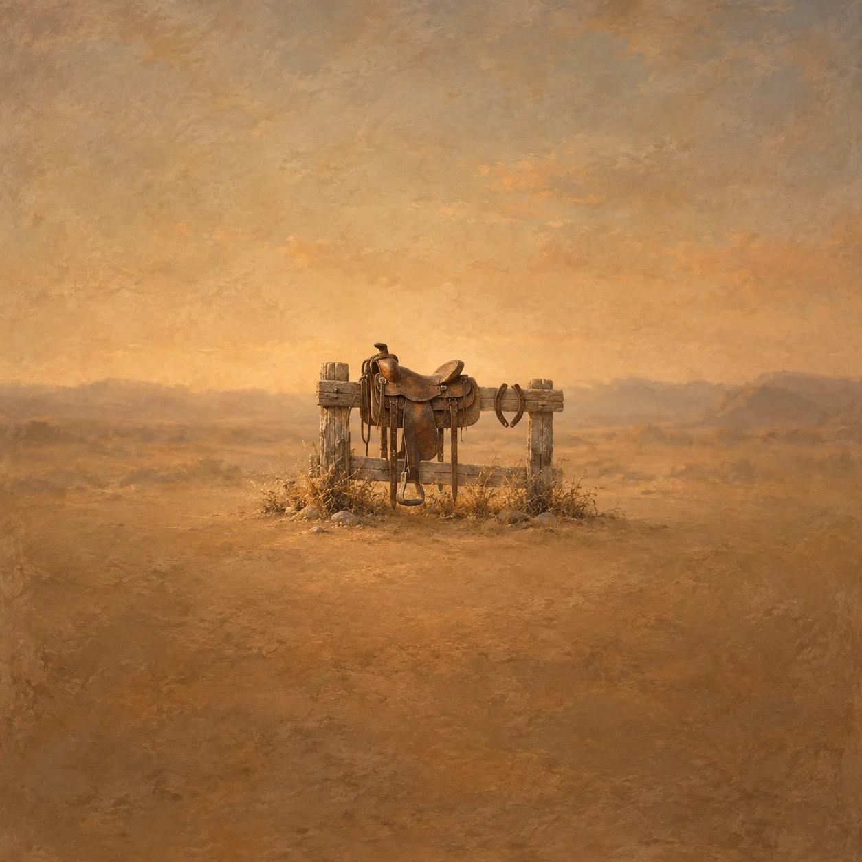 A worn saddle hangs over a wooden fence rail with a horseshoe beside it on dusty brown ground.