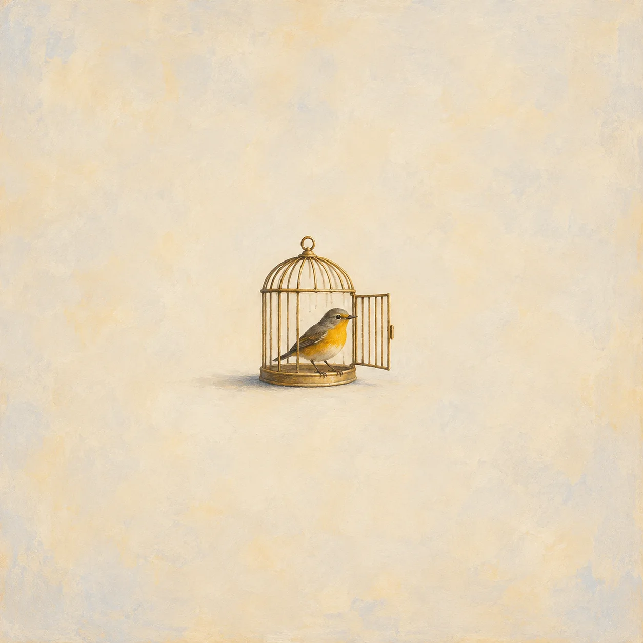 Small saffron and gray songbird within an ornate open cage