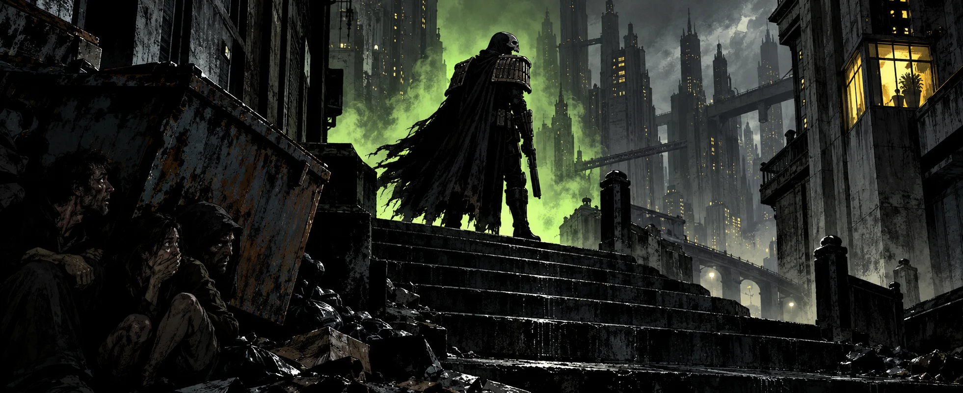 A gaunt skeletal figure in black stands at the top of stone steps in a sickly green, ruined megacity.