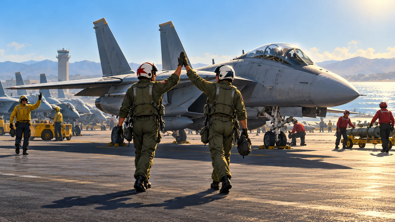Two pilots in flight suits slap a high five as they walk past a parked grey fighter jet on a sunlit flight line.