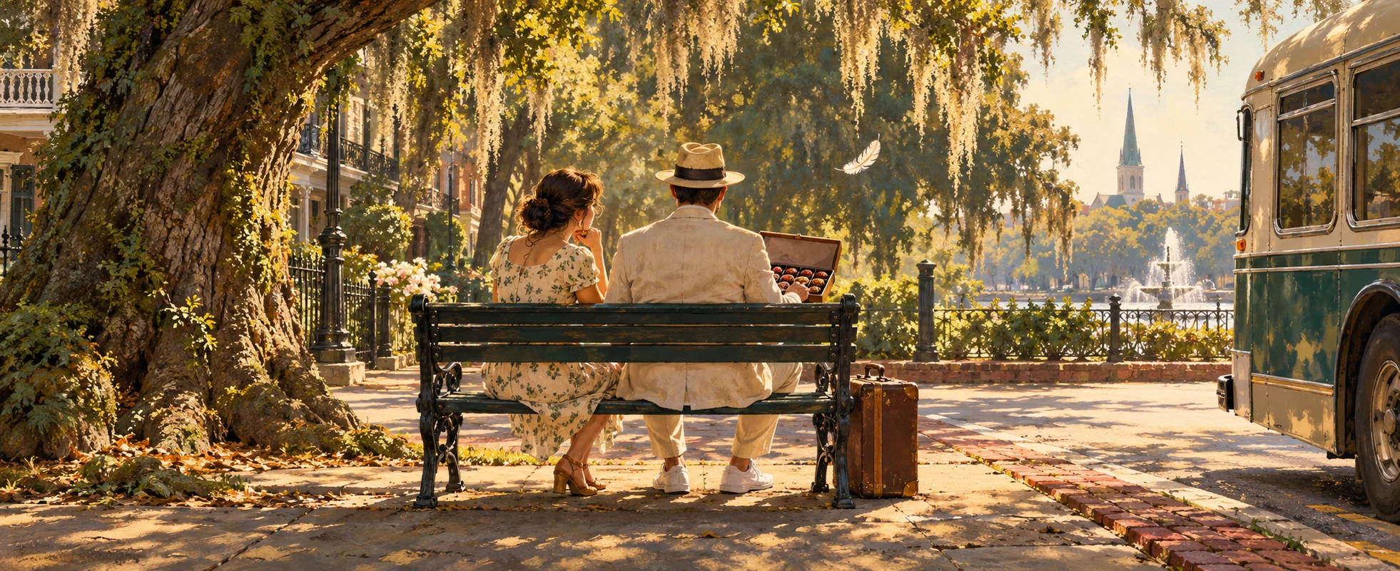 A man in a cream suit sits on a bench under a moss-hung oak in Savannah beside a woman, a suitcase at his feet and a feather drifting down.