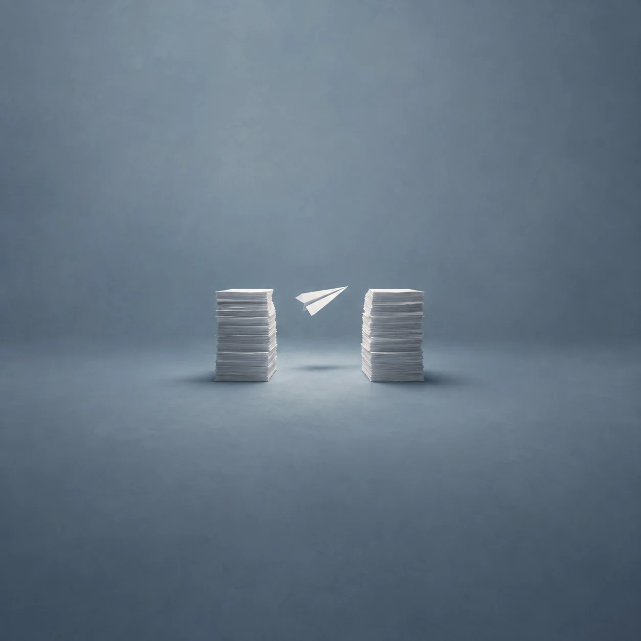 Painterly white paper airplane floating between two tall stacks of paper against grey blue.