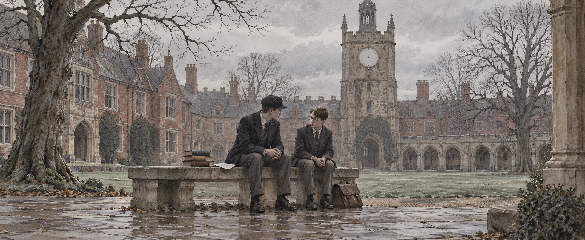 Two schoolboys in blazers sit together on a stone bench in a wintry 1920s boarding-school quad beneath a clock tower.