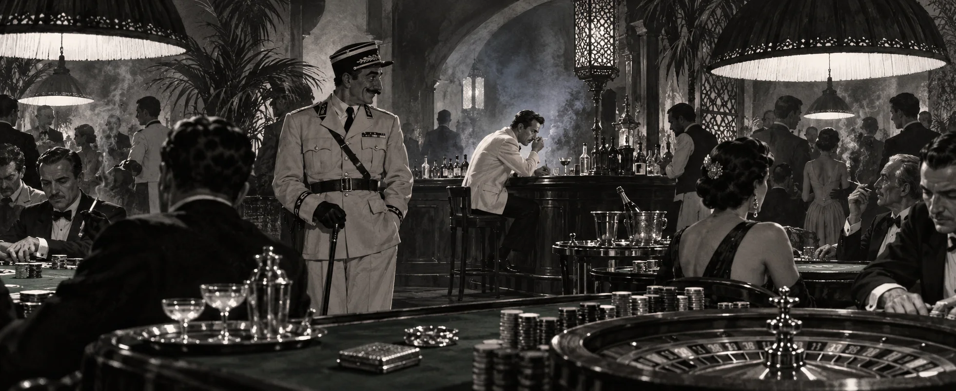 A police captain in a white uniform stands among the gamblers at a roulette table in a smoky casino.