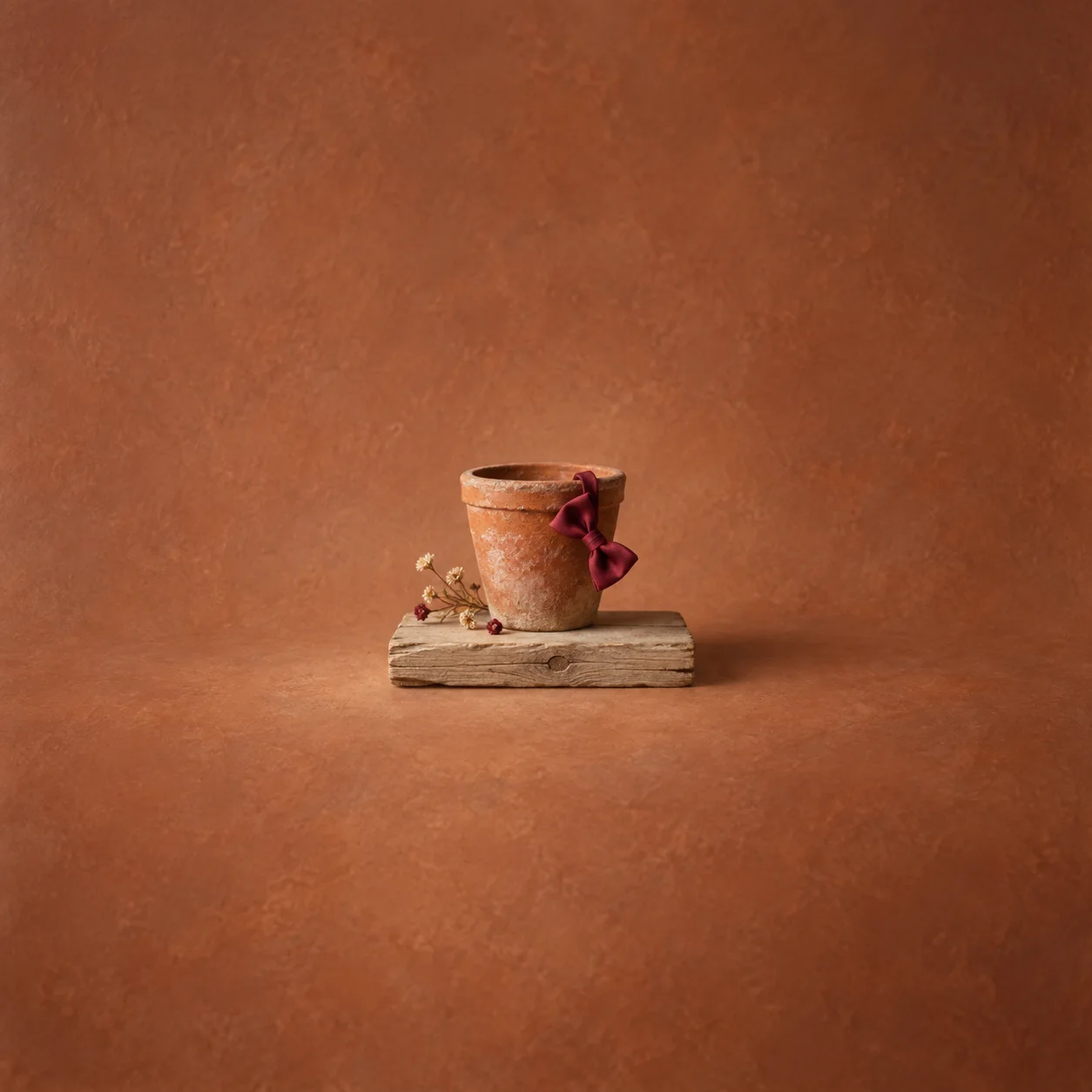 A rough terracotta pot on a wooden plank with a small burgundy bow draped over its rim.
