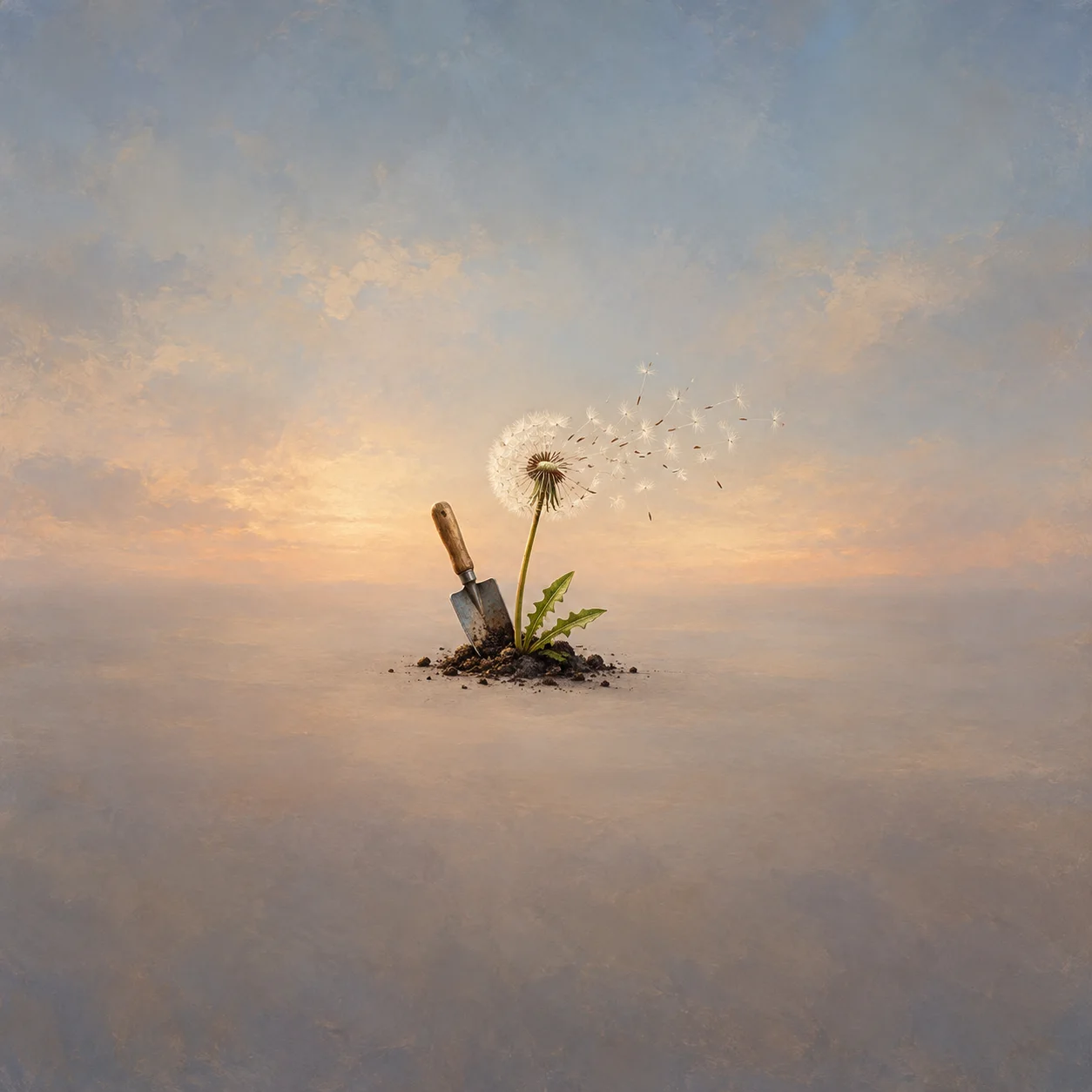 Painterly dandelion releasing seeds beside a small garden trowel planted in soil.