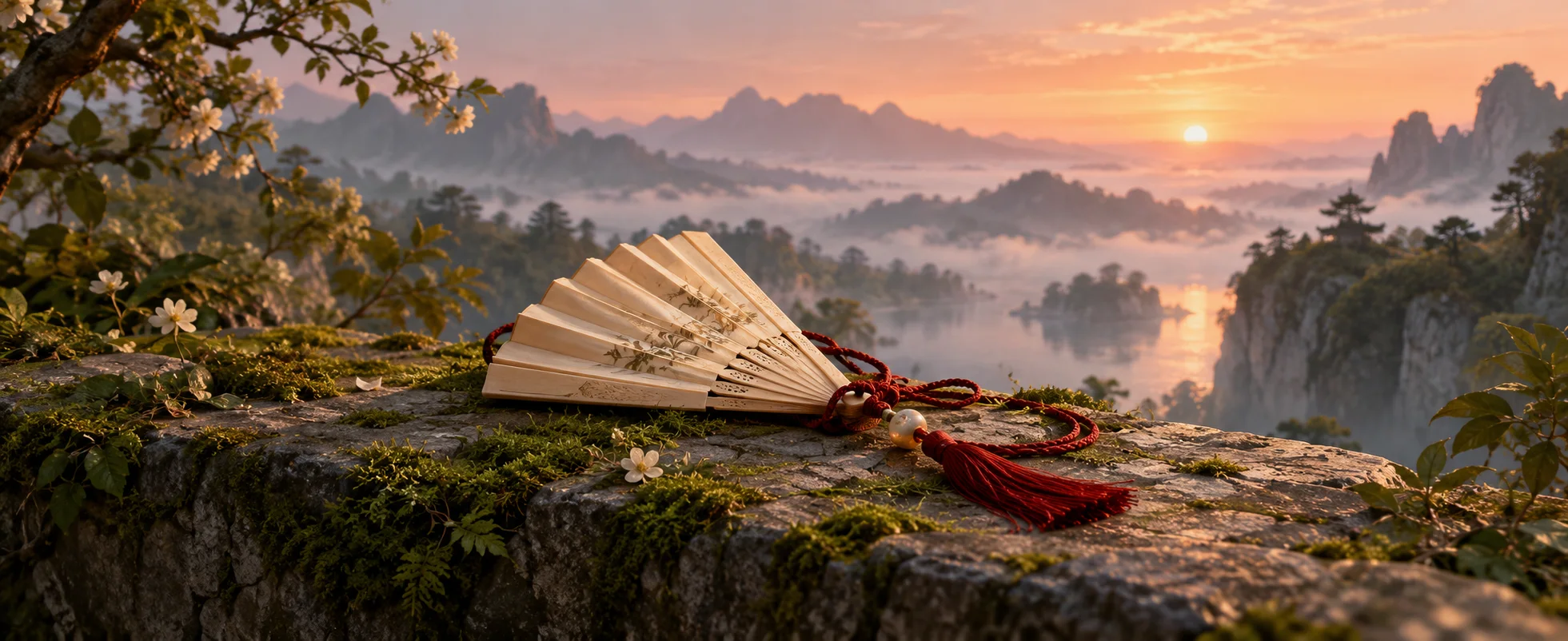 An open ivory fan rests beside a red cord on mossy stone overlooking a dawn-lit valley.