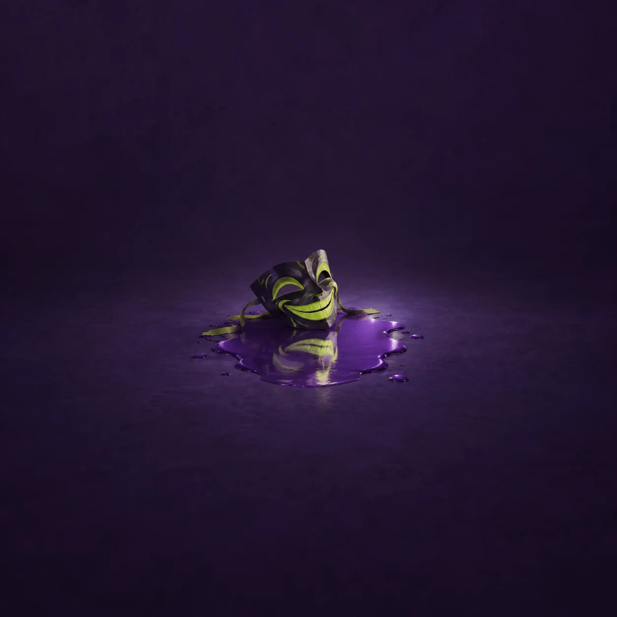 A grinning black and lime paper mask on a purple puddle with its smiling reflection.