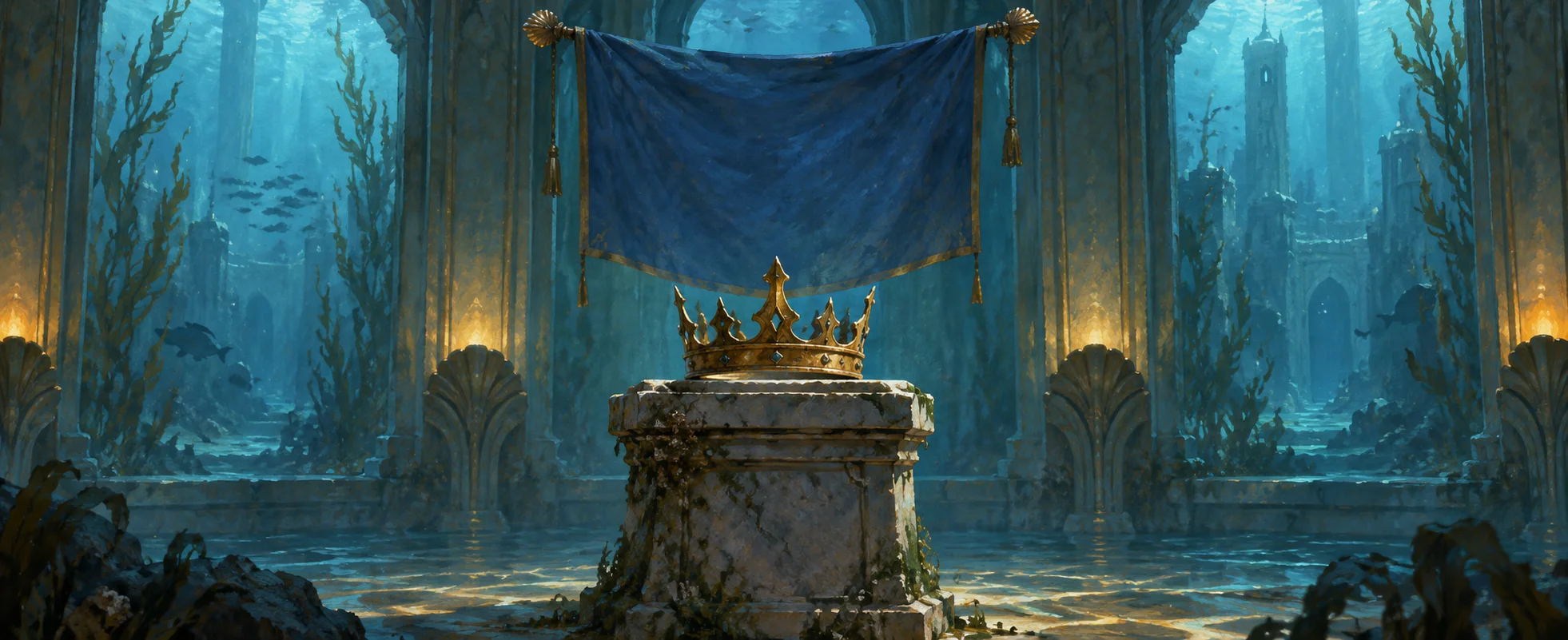 An empty brass crown and a weathered stone pedestal stand beneath an unmarked blue banner in an underwater hall.