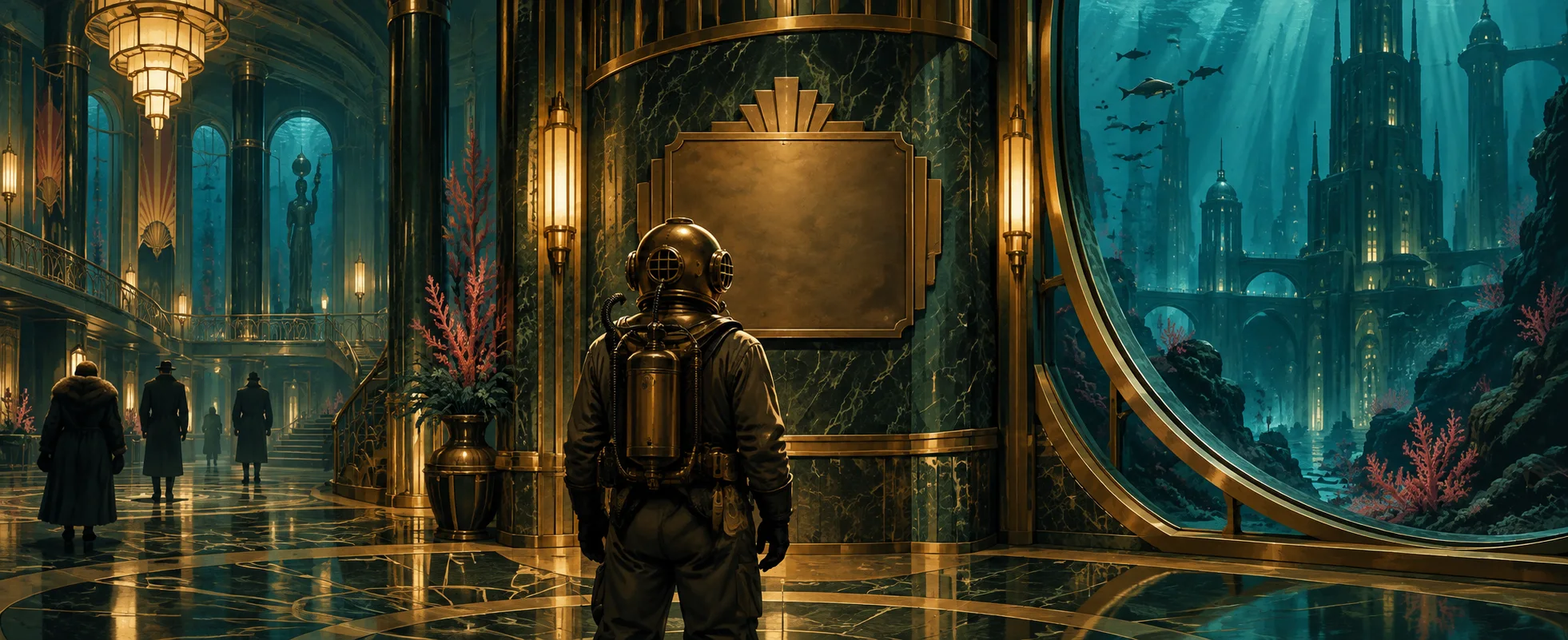 A diver in a brass helmet stands in a grand art-deco undersea lobby before a blank plaque, a city glowing through a porthole.