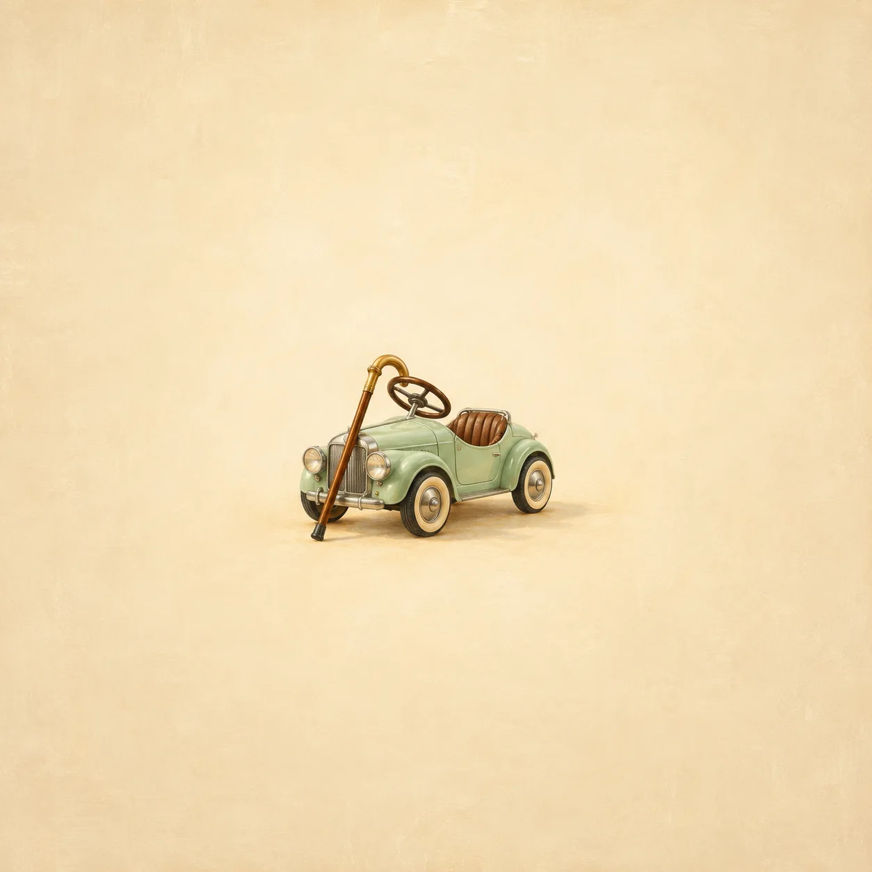 A walking cane leans against a mint-green toy car with a brown seat.