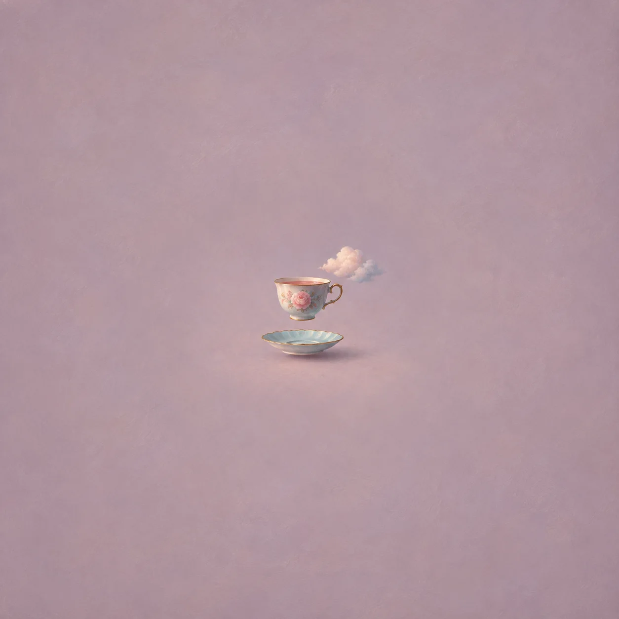 A floral teacup hovering above its saucer beside a small cloud on a dusty-pink background.