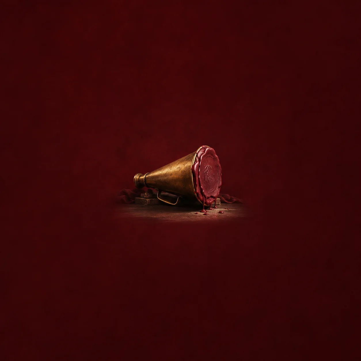 A brass megaphone lies on its side with its wide opening sealed by red wax against a deep red background.
